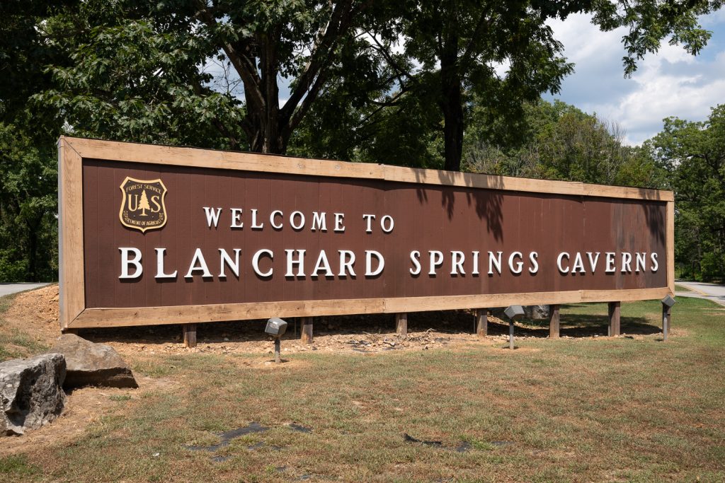 Sign at the entrance to Blanchard Springs Caverns in Arkansas. 