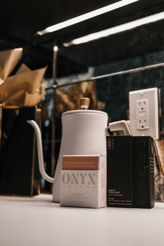 Close up of a coffee pot and Onyx Coffee at the Star on Spring which is a luxury hotel in Springdale, Arkansas. 