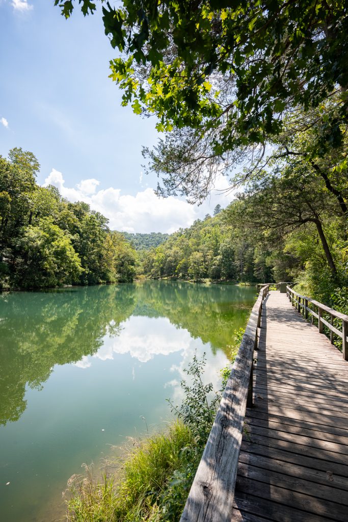 A boardwalk alongside of a beautiful lake in the Ozarks of Arkansas. This is Mirror Lake near Blanchard Springs, Arkansas. 