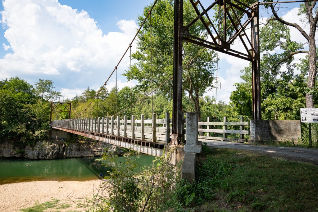 View of the historic sycamore creek bridge also called the sylamore creek swinging bridge. 