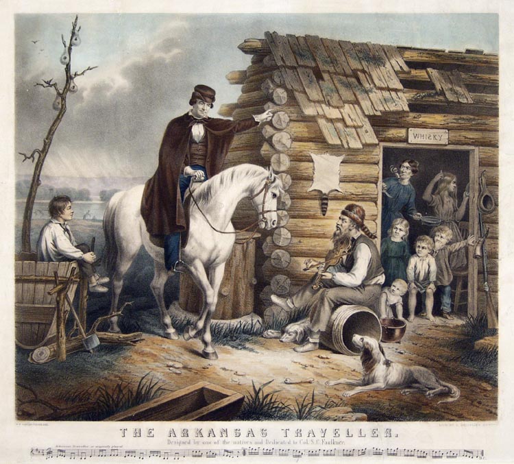 The Arkansas traveler painting where a man on horseback comes up to a family with a ramshackle cabin in the Arkansas mountains. 