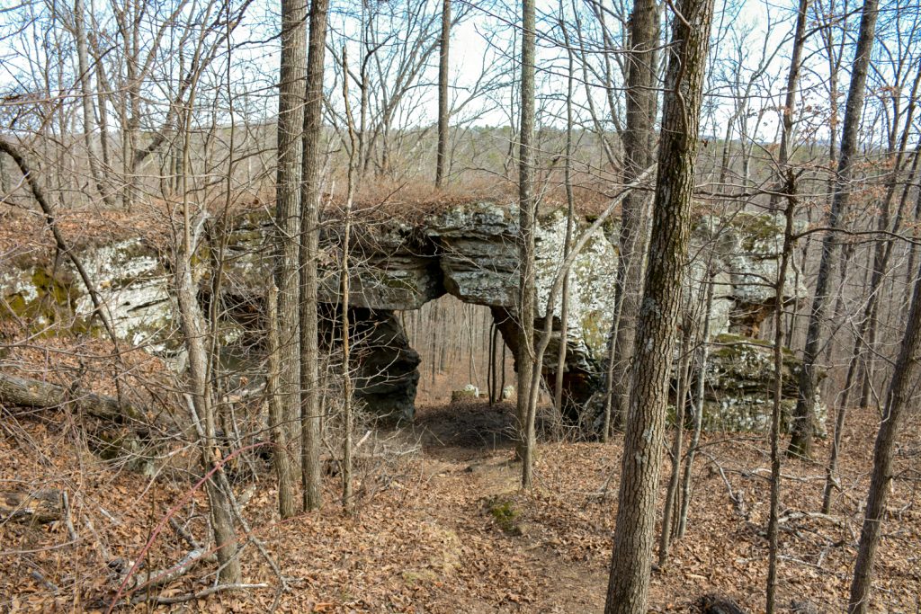 A rock formation at Pedestal Rocks and Kings Bluff Trail in the Arkansas Ozarks. 