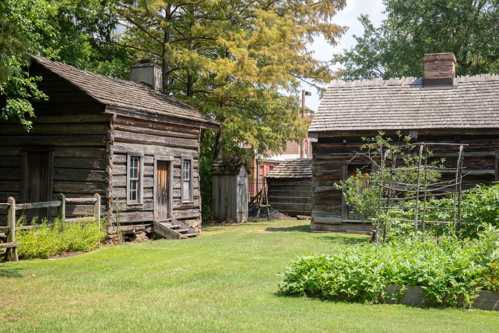 Log structures on the grounds of the Historic Arkansas Museum in Little Rock.