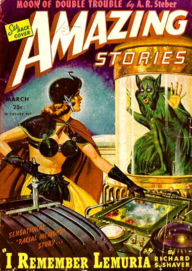 March 1945 Amazing Stories cover featuring Richard Shaver's I Remember Lemuria